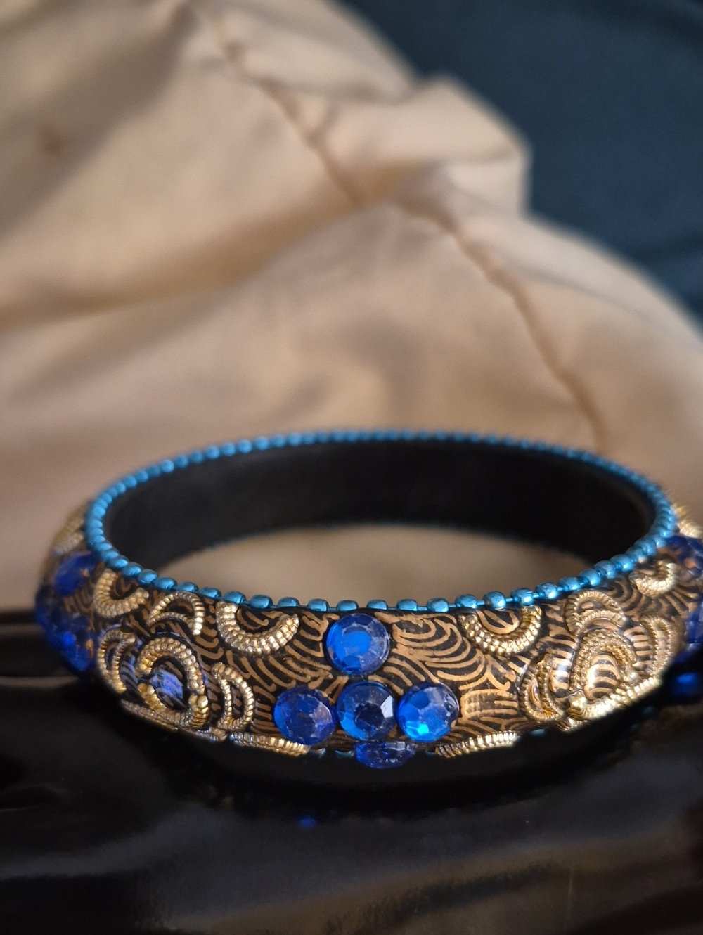 Cerulean Blue  irredcent Beaded Gold Bangle Bracelet